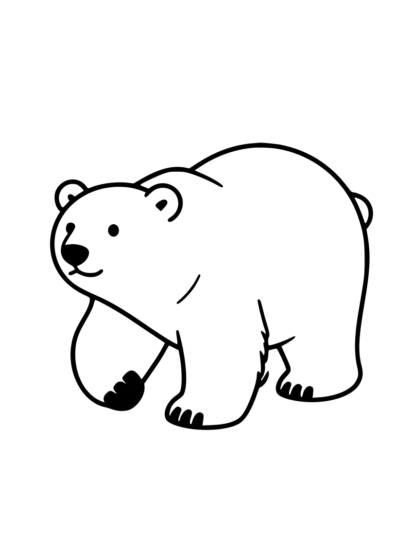 Black-and-white line drawing of a polar bear walking on ice, with a rounded head, small ears, dark nose, and large paws.