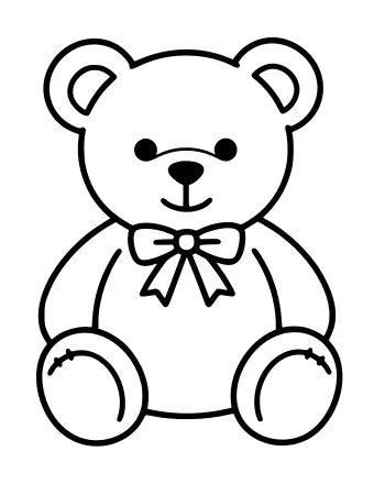Black and white line drawing of a sitting teddy bear with round ears, a ribbon at its neck, and stitched paws.