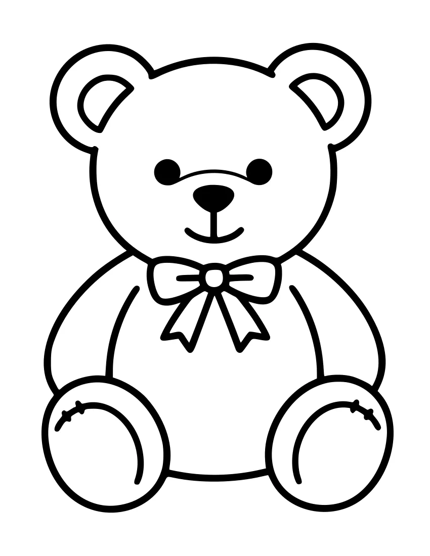 Black and white line drawing of a sitting teddy bear with round ears, a ribbon at its neck, and stitched paws.