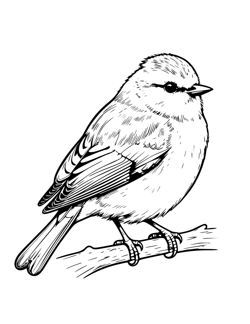 Black-and-white line drawing of a small songbird perched on a branch, showing detailed wing feathers, tail, and feet gripping the wood.