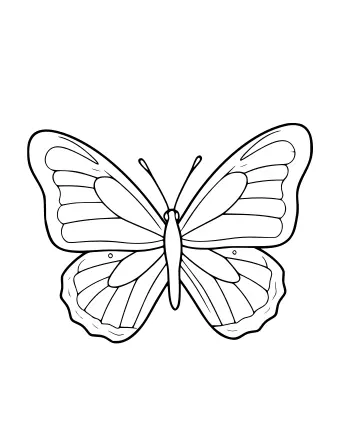 Line drawing of a monarch butterfly with orange and black wings, showing two upper wings and two lower wings with white spots and wavy edges, plus a slender body and two antennae.