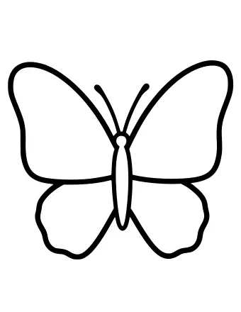 Black and white line drawing of a simple butterfly with large, rounded wings and two small antennae.