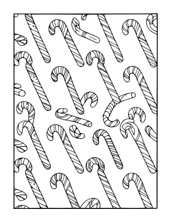 A black-and-white line drawing showing a dense, repeating pattern of candy canes in various sizes and orientations filling the entire page.