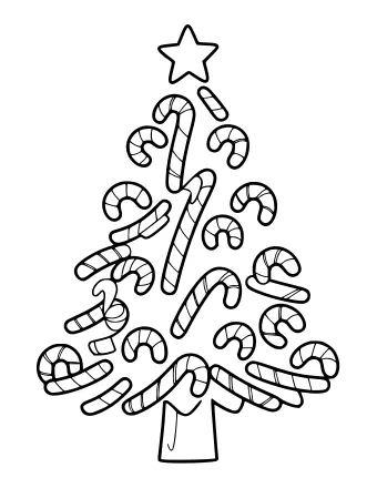 Black-and-white line drawing of a Christmas tree built entirely from candy canes, with a five-pointed star on top and a small trunk at the base.