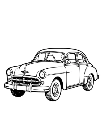 Black and white line drawing of a vintage classic car with rounded fenders, chrome grille, round headlights, and whitewall tires, shown in a three-quarter front view.