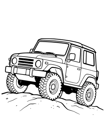 Dessin au trait d’un SUV tout-terrain robuste escaladant des rochers