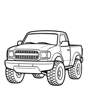 Black-and-white line drawing of a rugged pickup truck shown from the front three-quarter view, featuring a detailed grille, round headlights, a front bumper, and large off-road tires with deep tread patterns.