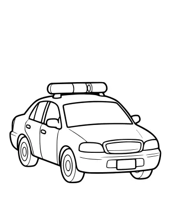 Black-and-white line drawing of a police car shown in three-quarter front view, with a light bar on the roof, side mirror, door handle, two headlights, a front grille, a license plate, and two wheels with hubcaps.