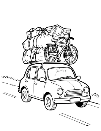Dessin au trait d’une voiture avec des bagages et un vélo sur la galerie de toit