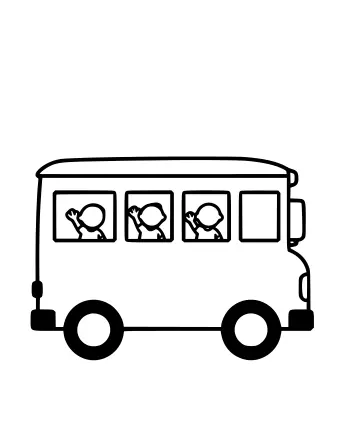 Line drawing of a bright yellow school bus with three children waving from the side windows, two large wheels, and a front bumper.