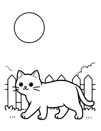 Line drawing of a striped cat walking on a wooden garden fence at night with a large full moon in the sky above