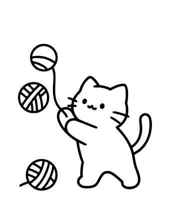Black-and-white line drawing of a cartoon cat standing on its hind legs, batting three balls of yarn with its front paws.