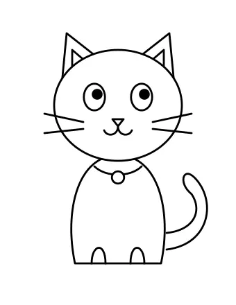 Line drawing of a cute sitting cat with big eyes, long whiskers, a collar with a bell and a curly tail
