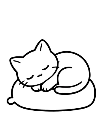 Black-and-white line drawing of a kitten curled up asleep on a round cushion, with closed eyes, whiskers, and a curled tail.