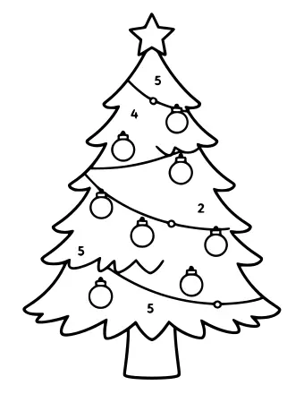 Black-and-white line drawing of a Christmas tree with a star on top, round ornaments, and small numbers scattered across the branches for a color-by-number activity.