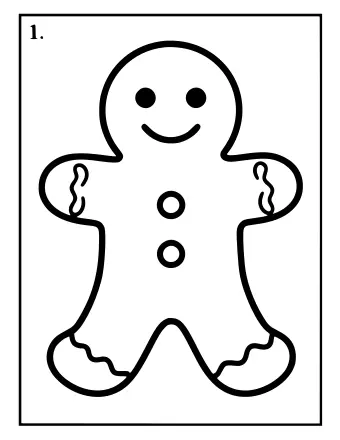 Black-and-white outline of a smiling gingerbread man with wavy icing on the arms and legs and two round buttons on the torso, divided into numbered sections.