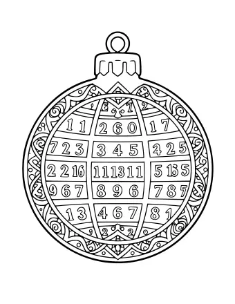 Black and white line drawing of a large Christmas ornament with a cap and loop, filled with a grid of numbers and decorative swirl patterns.