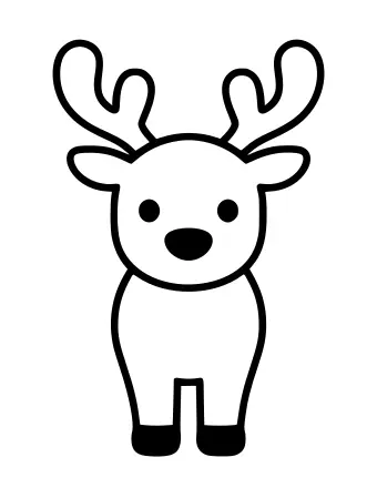 A simple line drawing of a cute reindeer with large branching antlers, round ears, two small eyes, a large oval nose, and a short body with two legs.
