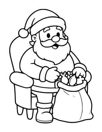 Black-and-white line drawing of Santa Claus sitting in a wooden chair, holding a large sack filled with wrapped toys, with a jolly expression and a classic Santa hat.