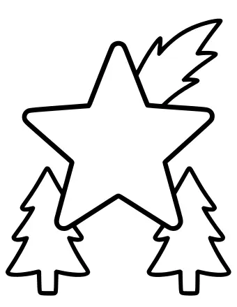 Line drawing of a large five-pointed star with a curved tail like a comet, above and between two pine trees.