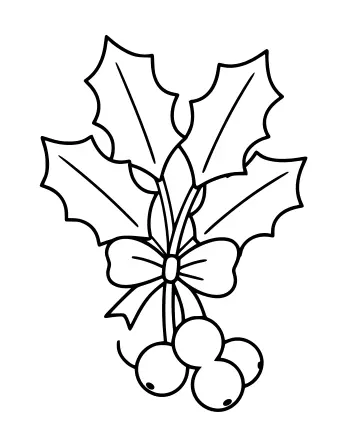 Line drawing of a sprig of holly leaves and berries tied with a ribbon bow, with a cluster of three round berries hanging below.