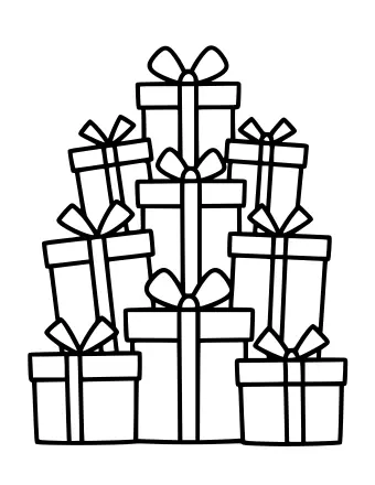 Line drawing of a tall pile of wrapped presents of different sizes, each tied with a ribbon and a bow.