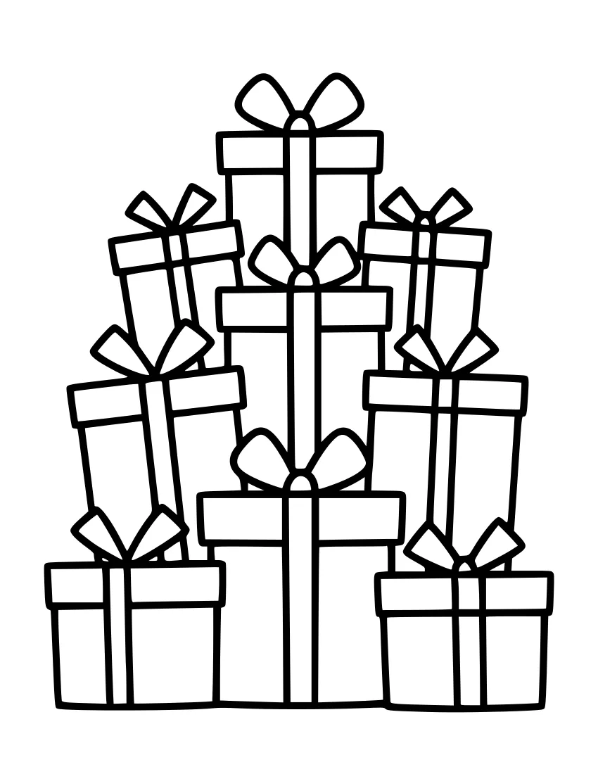 Line drawing of a tall pile of wrapped presents of different sizes, each tied with a ribbon and a bow.