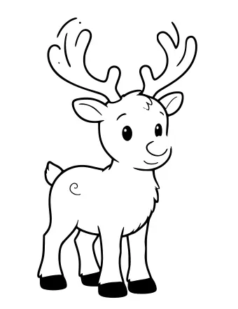 Black-and-white line drawing of a cartoon reindeer standing in profile, featuring large branching antlers, a small tail, and a round nose.