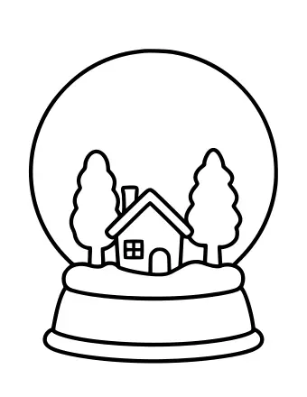 Line drawing of a round snow globe holding a small house with a chimney between two trees, standing on a wide base.