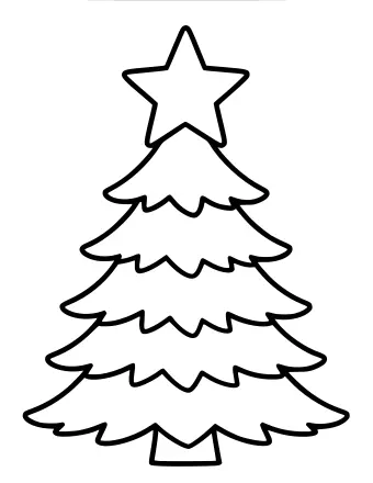 Black-and-white line drawing of a five-pointed star sitting on top of a layered Christmas tree with a small trunk at the bottom.