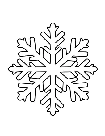 Black and white line drawing of a six-pointed snowflake Christmas ornament with delicate, branching arms and small decorative loops at the tips.
