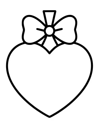 Black and white line drawing of a large heart-shaped Christmas ornament with a decorative bow and loop at the top.