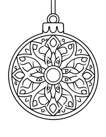 Black and white line drawing of a round Christmas ornament with a complex, symmetrical pattern inside, suitable for older kids.