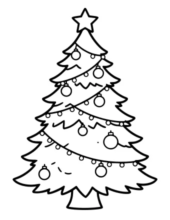 Black-and-white line drawing of a tall Christmas tree with a star topper, round ornaments, and small light bulbs hanging from the branches.