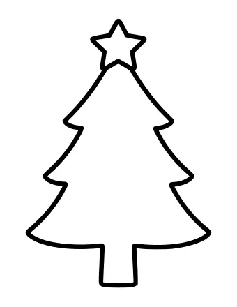 A simple black outline of a Christmas tree with three tiers of branches and a five-pointed star on top, on a white background.