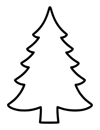 A simple black-and-white outline of a Christmas tree with a pointed top, four tiers of branches, and a small trunk at the bottom.