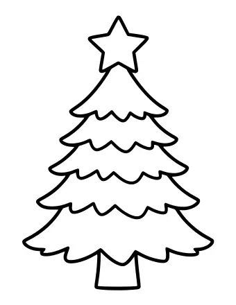 Black-and-white line drawing of a five-tiered Christmas tree with a large five-pointed star on top, set on a small trunk.