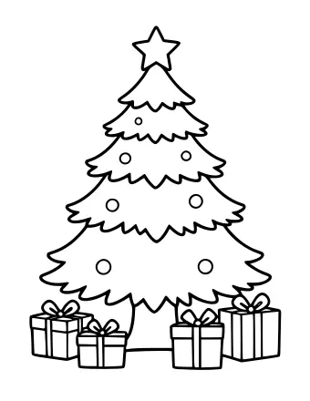 Black-and-white line drawing of a tall, tiered Christmas tree topped with a five-pointed star and decorated with round ornaments, with four wrapped gift boxes and bows at its base.