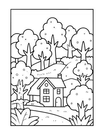 Black and white line drawing of a two-story cottage with a chimney, surrounded by tall trees with round canopies, bushes, and rolling hills.
