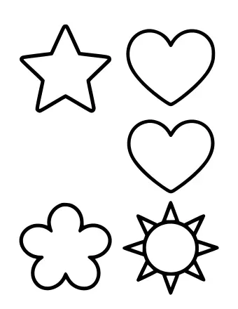 Black-and-white line drawing of a five-pointed star, two hearts, a five-petal flower, and a sun with rays, arranged in a two-by-two grid.