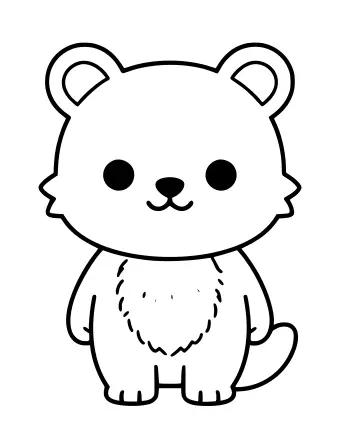 Black and white line drawing of a cute bear standing on two legs, with round ears, a small nose, and a fluffy belly patch, ready to be colored.