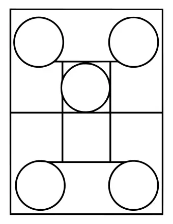 Black and white line drawing of a large square divided into a grid, with five circles placed in the corners and center, and numbered sections for young children.