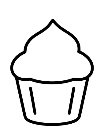 Line drawing of a simple cupcake with a tall, swirled frosting top and a fluted paper wrapper.