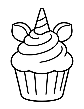 Line drawing of a cupcake in a fluted paper liner topped with swirled frosting, a striped unicorn horn, and two small ears.