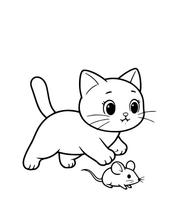 Schwarzes und weißes Ausmalbild einer Katze, die im Laufschritt eine kleine Maus jagt, mit großen Augen und bewegtem Schwanz.