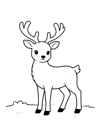 Line drawing of a young deer with antlers standing in a snowy landscape, with small snowflakes falling around it.