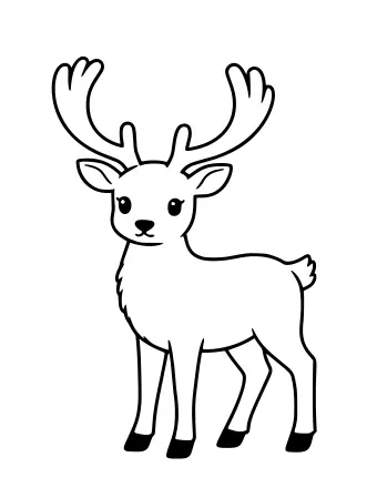 Black-and-white line drawing of a deer standing in profile, showing its head, large branching antlers, four legs, and a short tail.