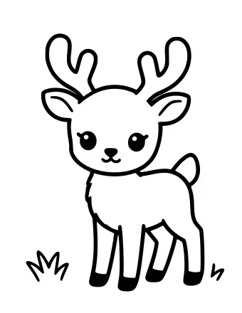Black and white line drawing of a cute fawn with large eyes and small antlers, standing on four legs in a meadow with small tufts of grass on the ground.