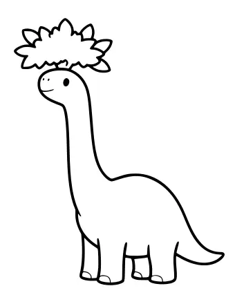 Line drawing of a Brachiosaurus with a long neck reaching upward toward a leafy tree branch.