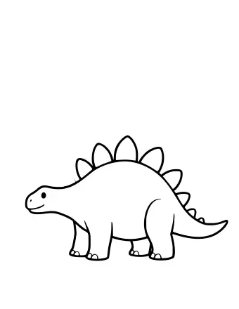 Black-and-white line drawing of a Stegosaurus facing left, showing a row of rounded plates along its back and four spikes on its tail.